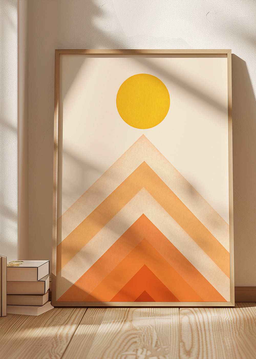 Geometrisk plakat med sol og minimalistiske tinder