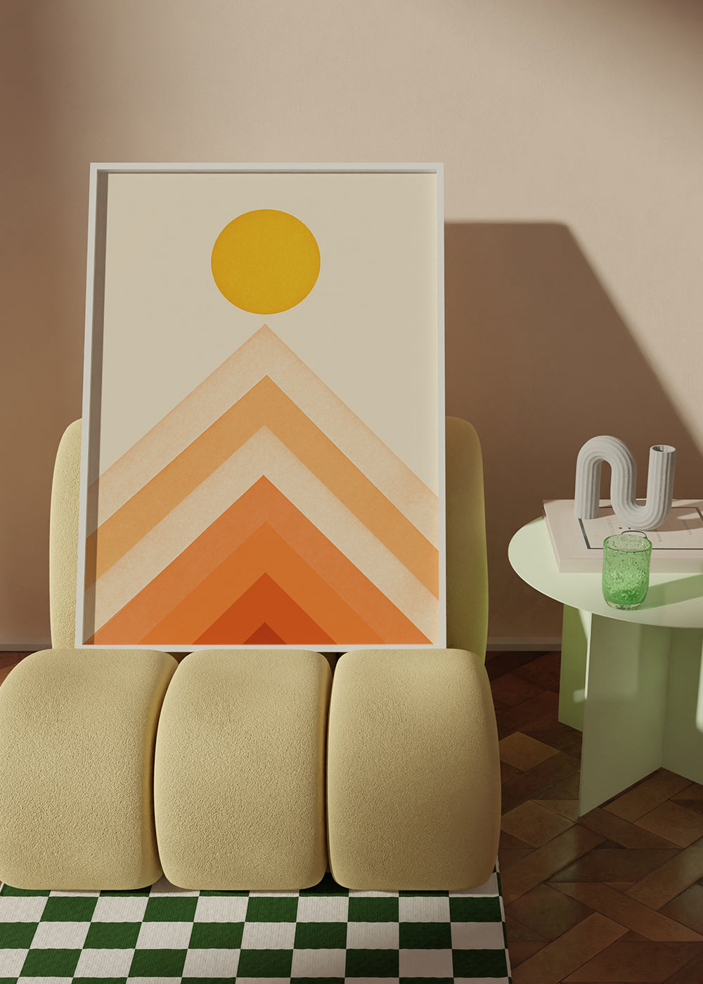 Geometrisk plakat med sol og minimalistiske tinder