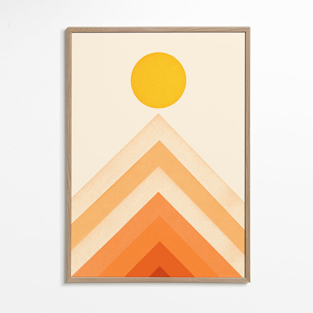 Geometrisk plakat med sol og minimalistiske tinder