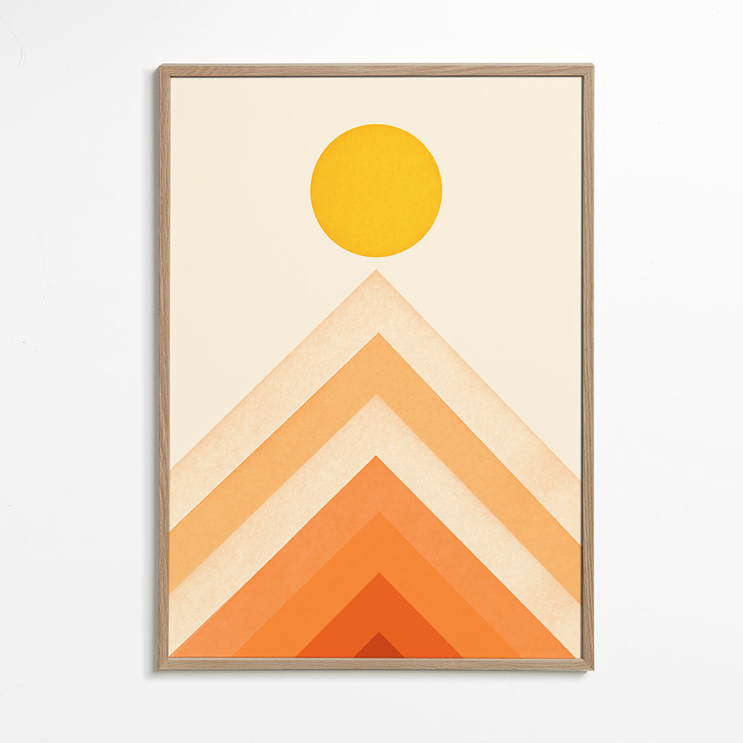 Geometrisk plakat med sol og minimalistiske tinder