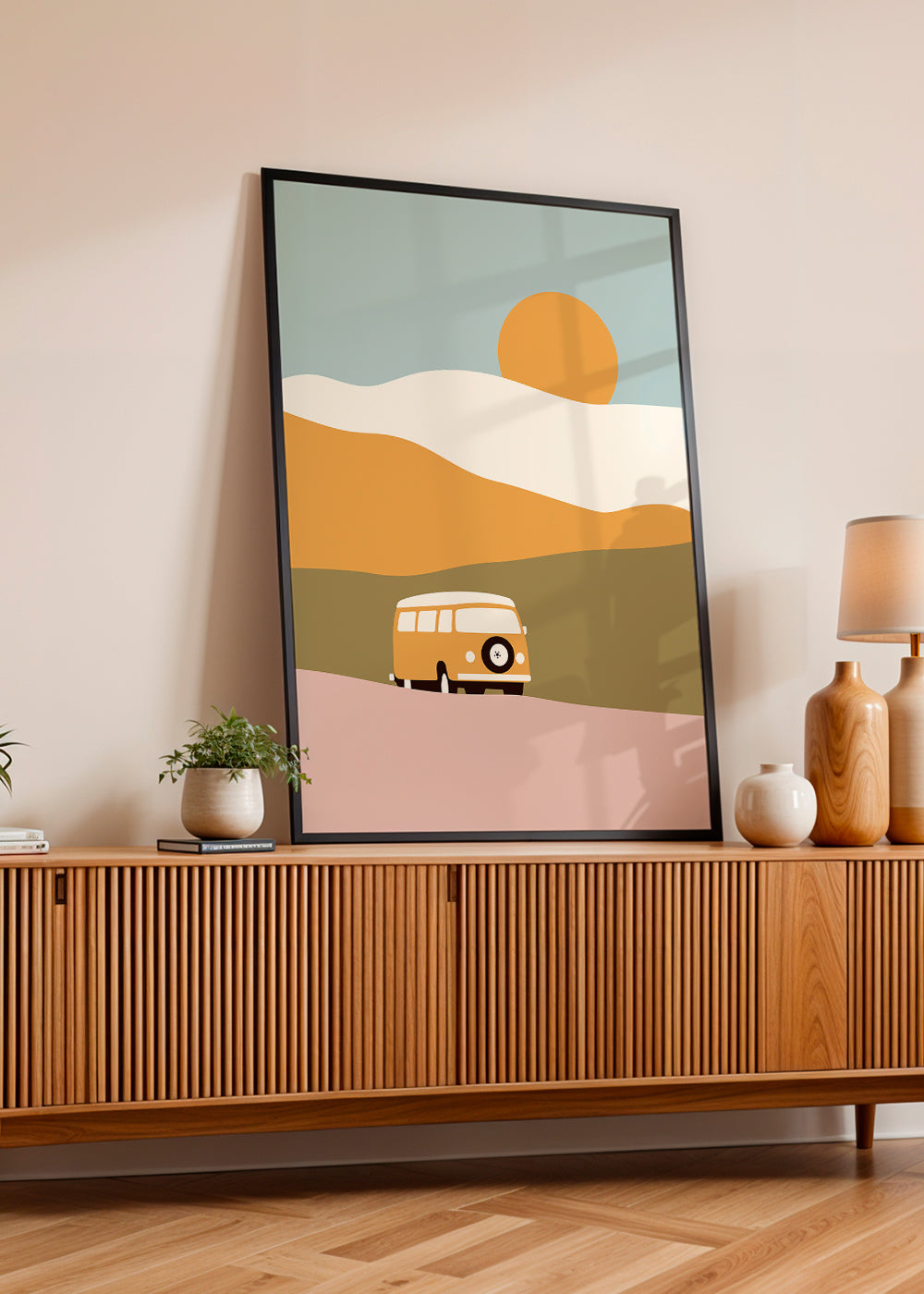 Minimalistisk van-plakat med sol