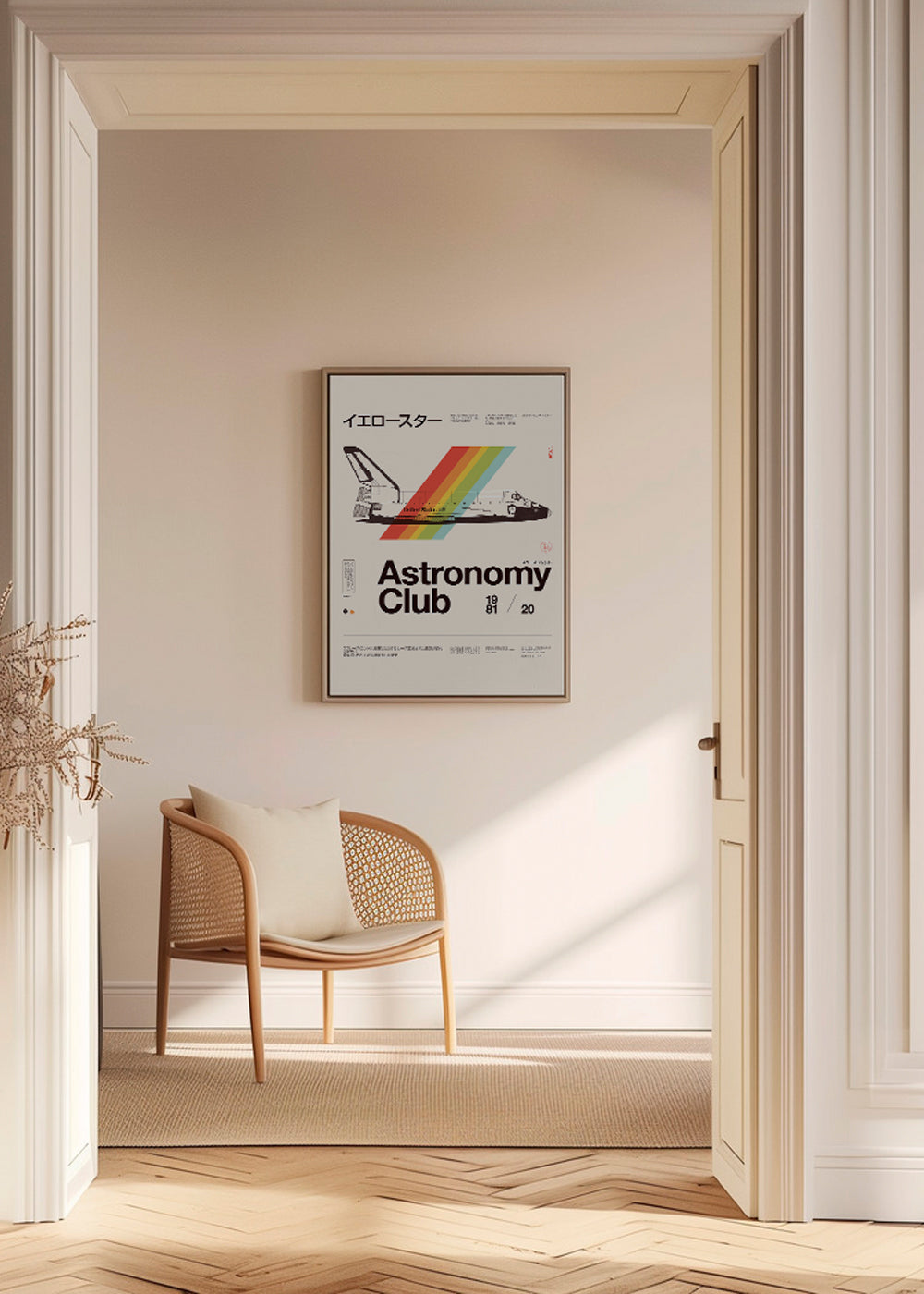 Vintage plakat med rumfærge og regnbuestriber
