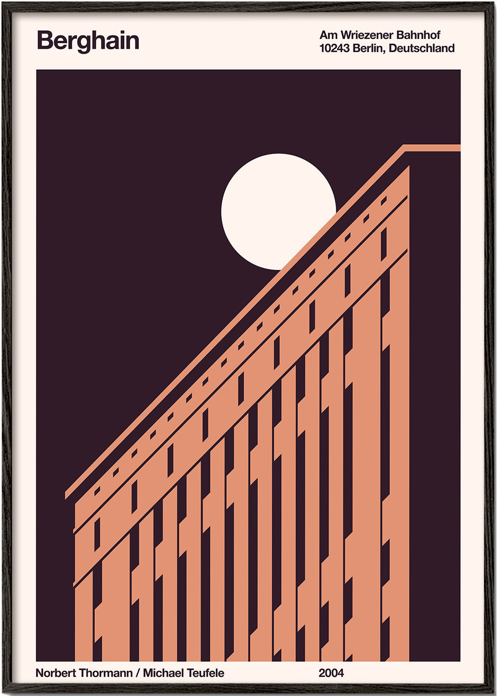 Kunst af byen med diagonal facade og måne