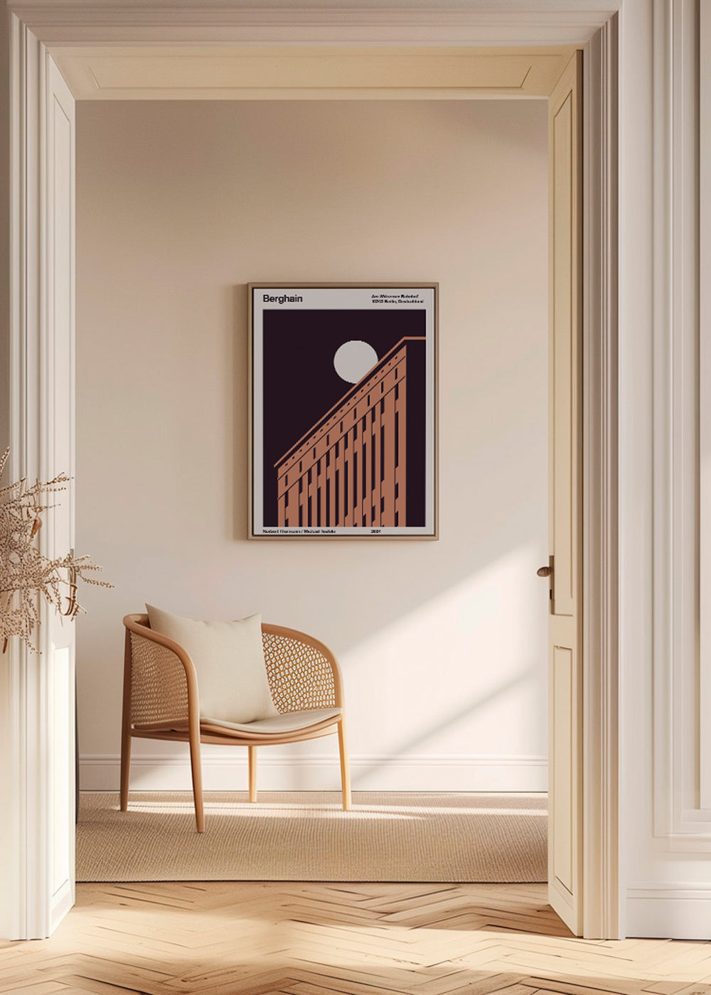 Kunst af byen med diagonal facade og måne