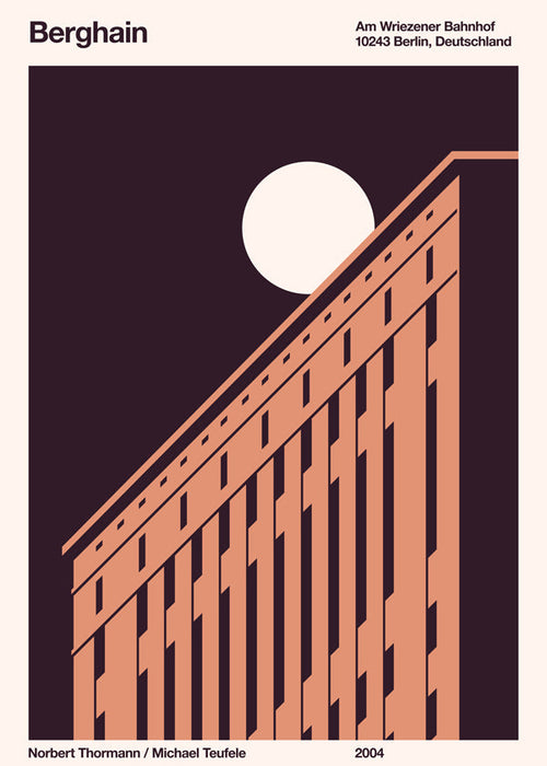 Kunst af byen med diagonal facade og måne