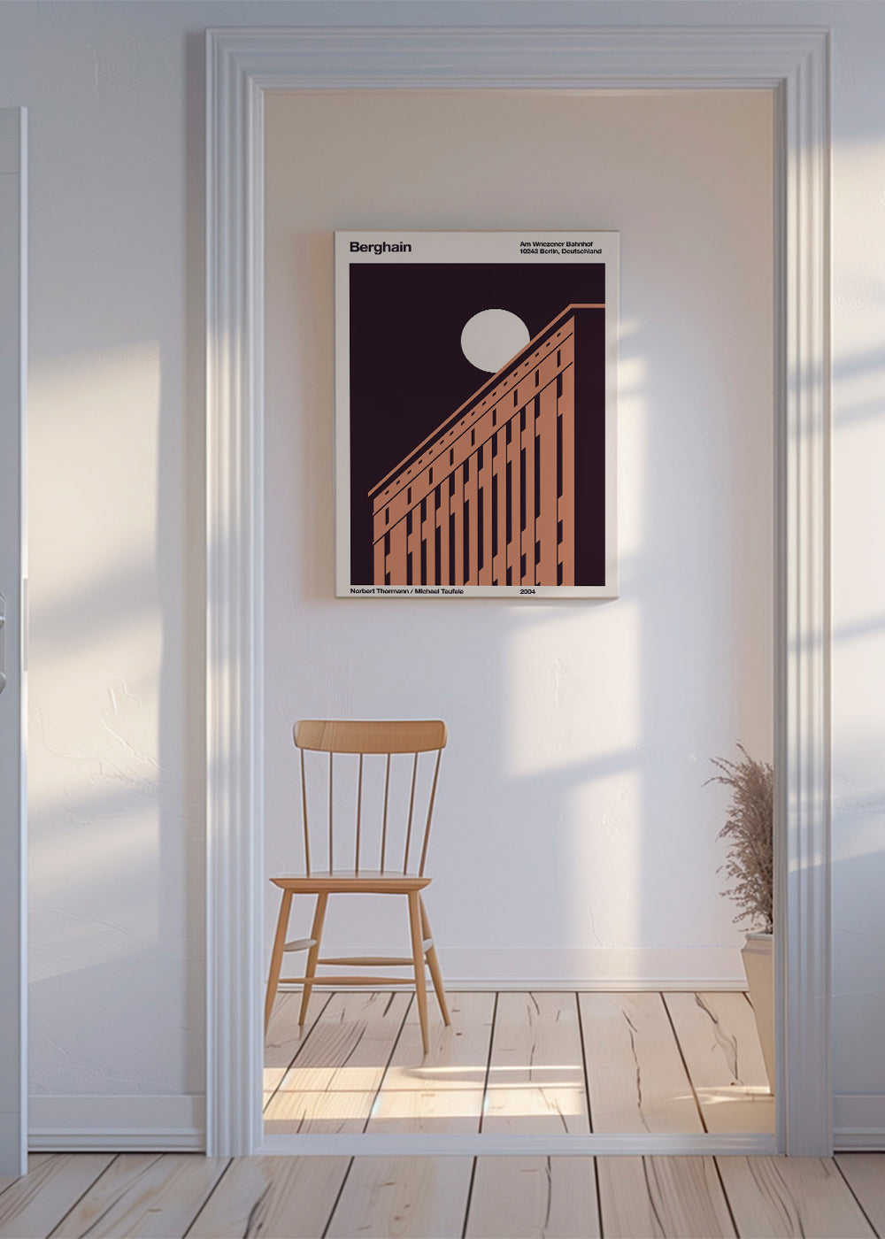 Kunst af byen med diagonal facade og måne