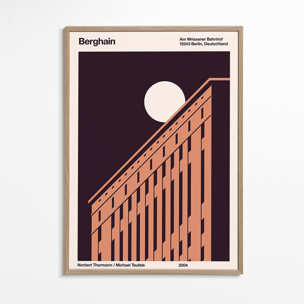 Kunst af byen med diagonal facade og måne