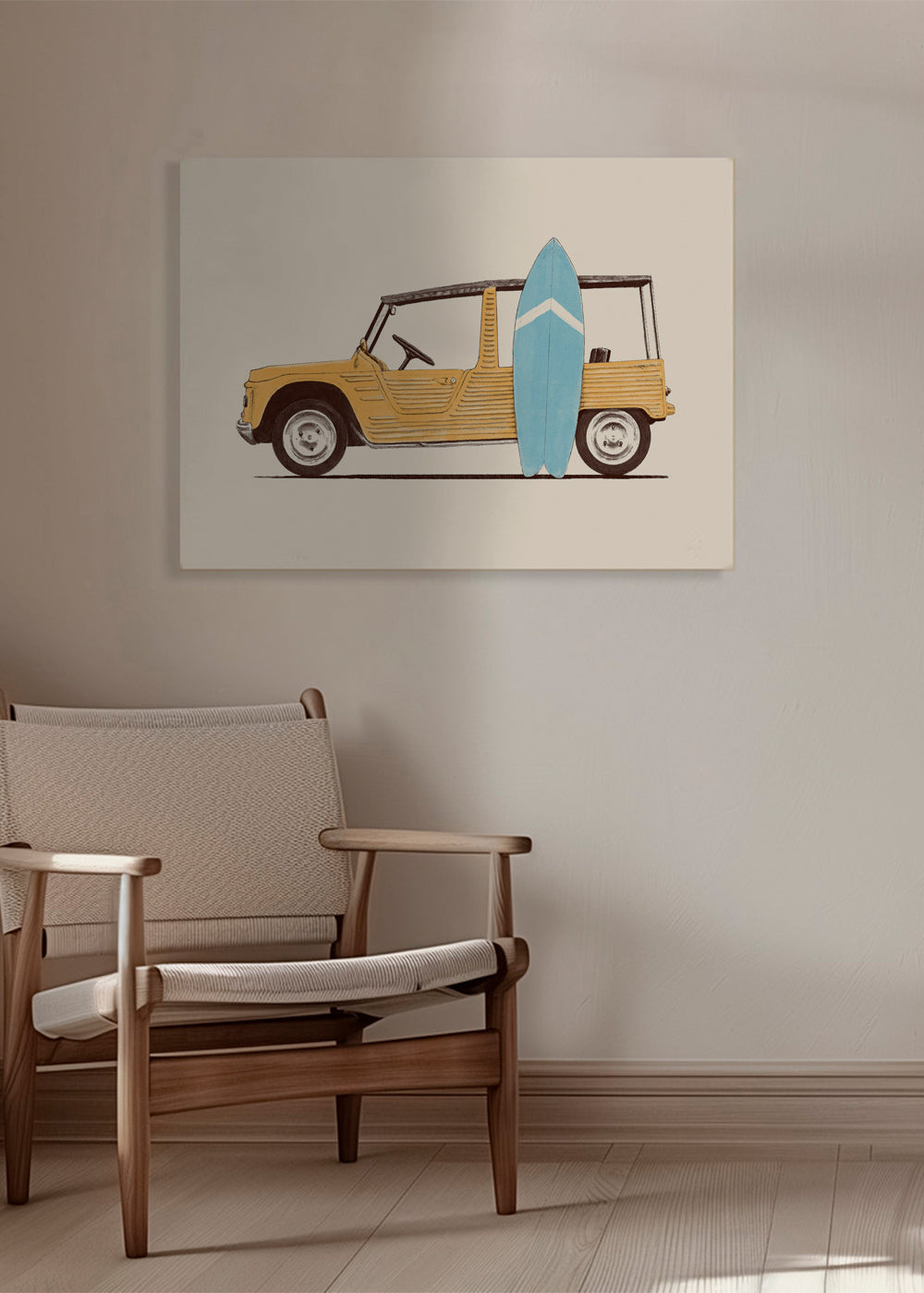 Vintage plakat med bil og surfbræt