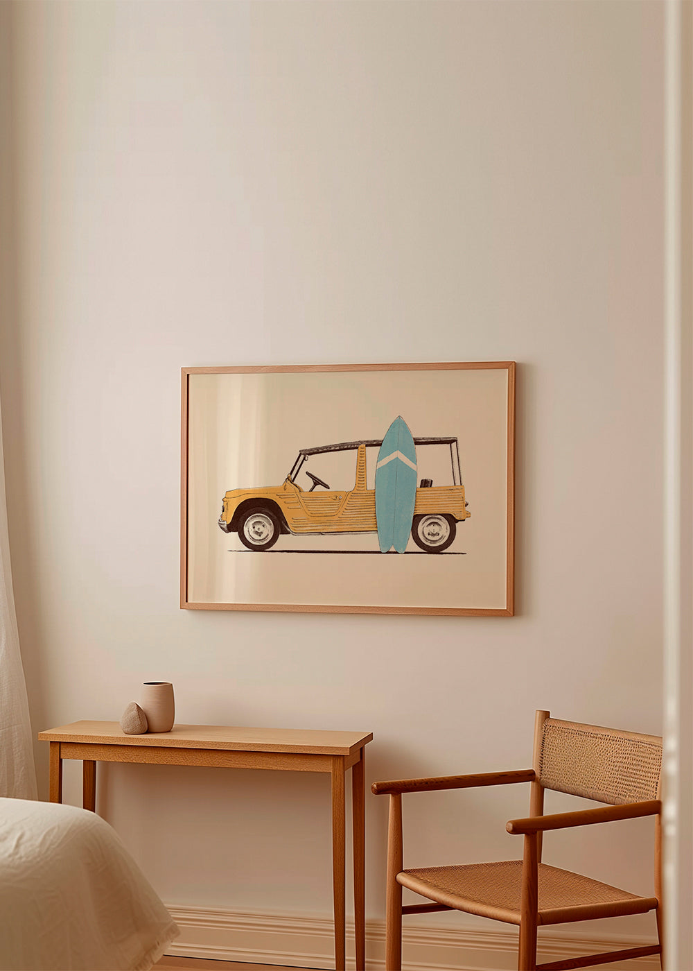 Vintage plakat med bil og surfbræt