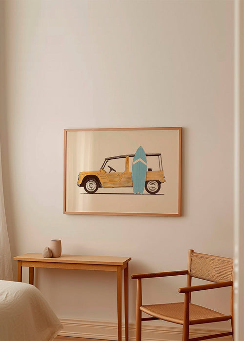 Vintage plakat med bil og surfbræt