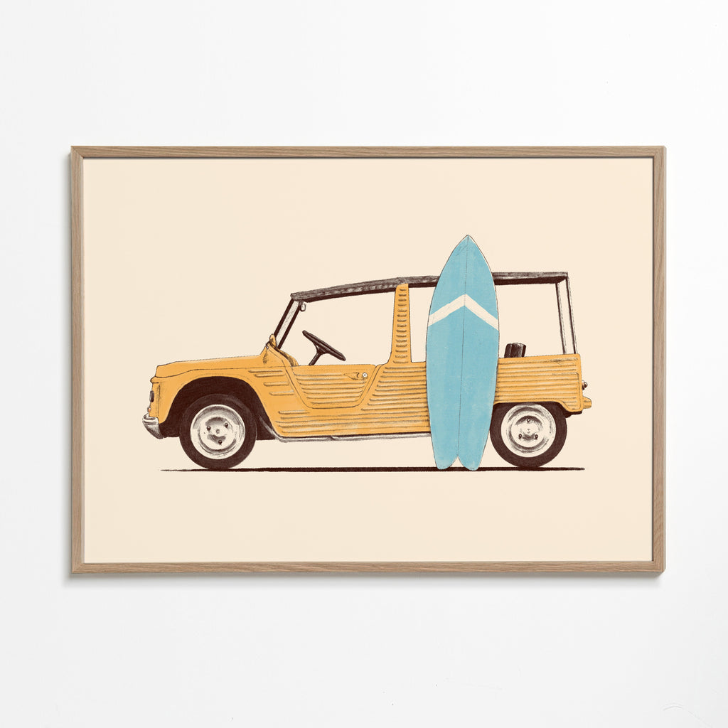 Vintage plakat med bil og surfbræt