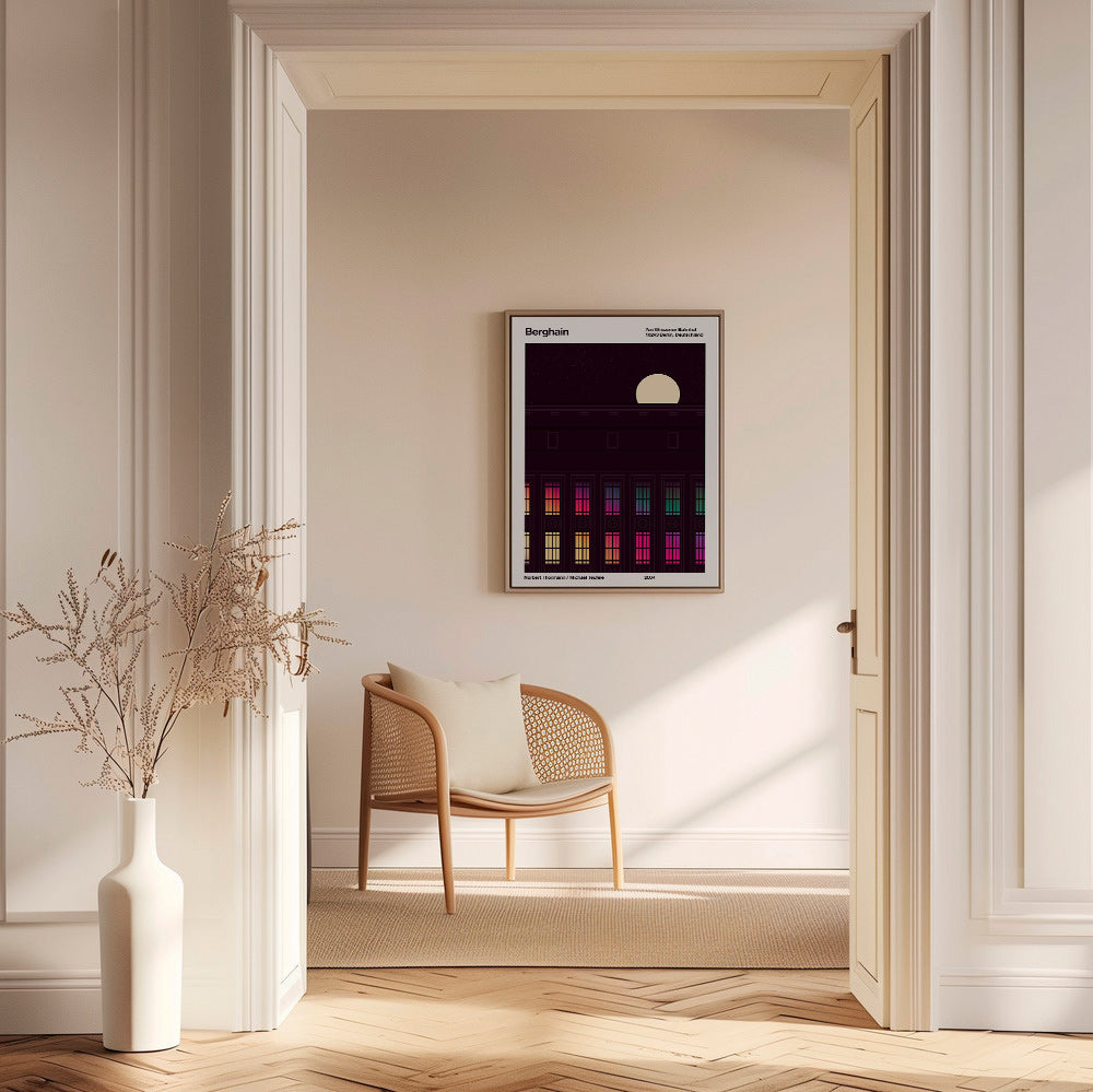 Byplakat med oplyst facade