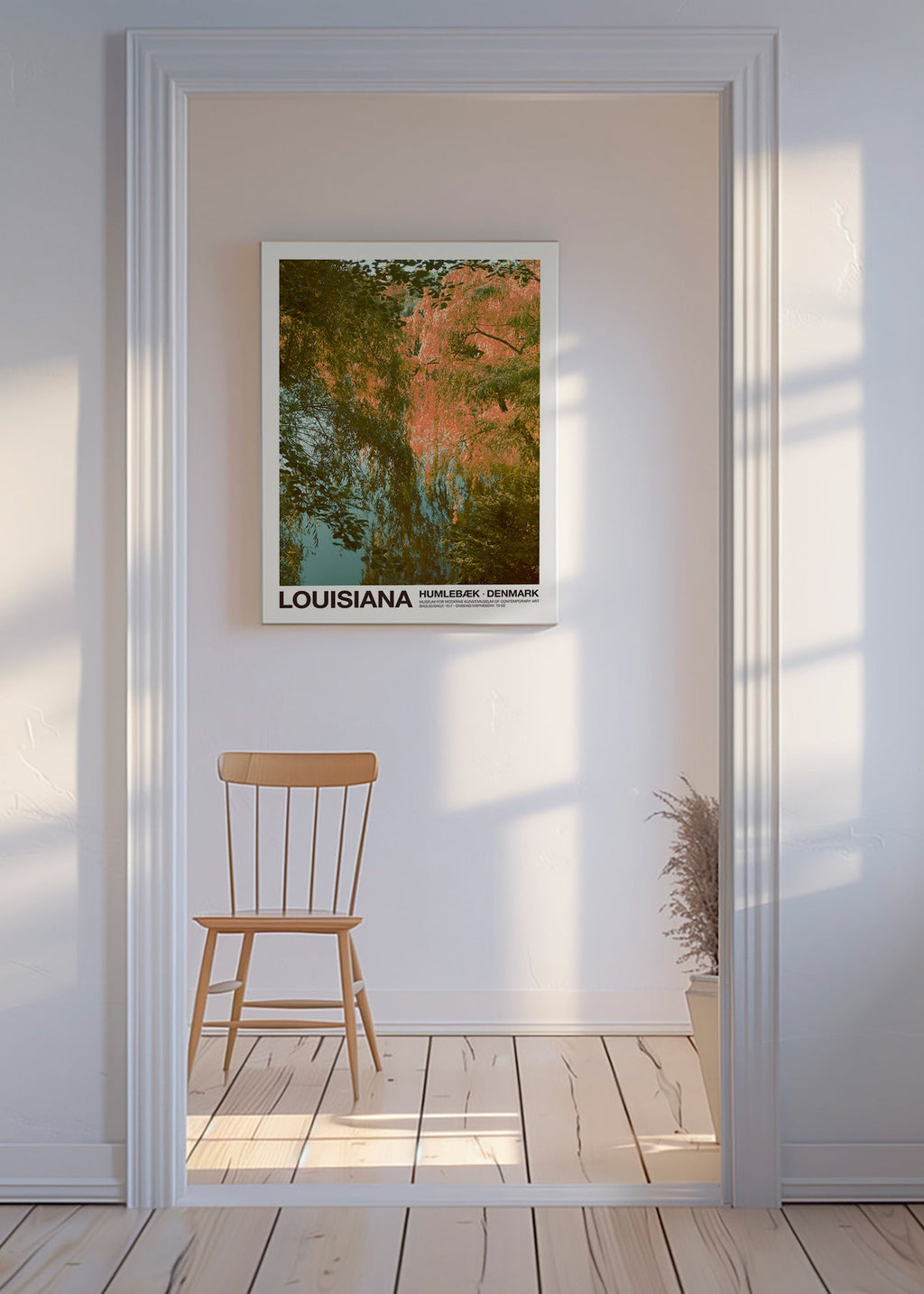 Landskabskunst med sø og rosafarvede reflektioner