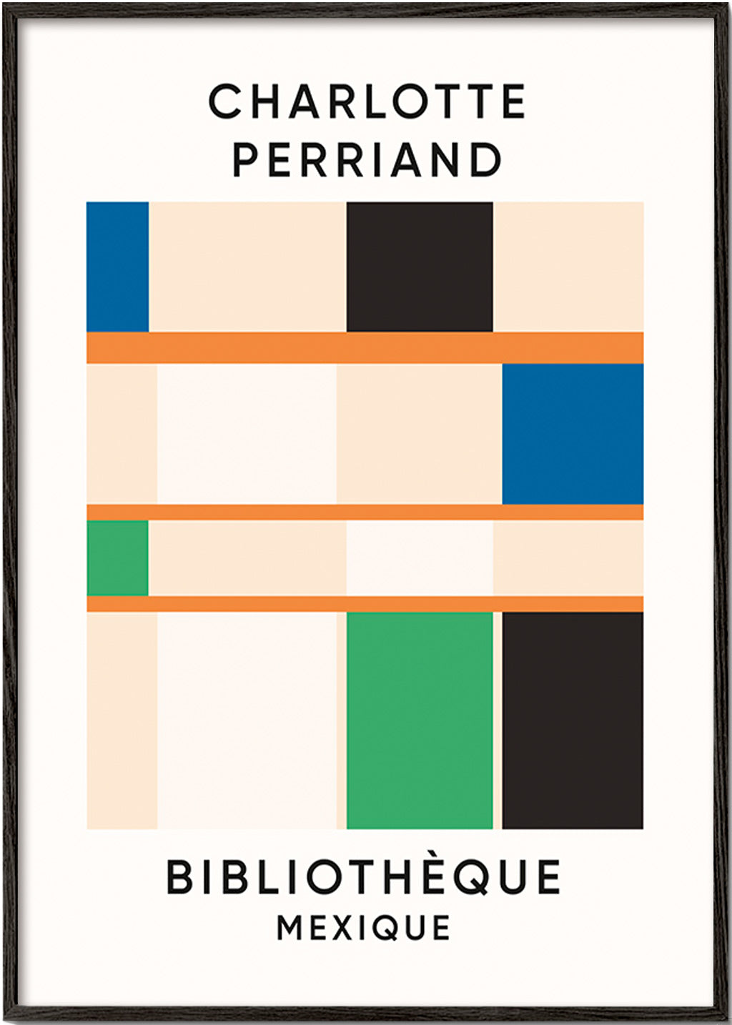 Geometrisk plakat med blokke og typografi 'Bibliothèque'