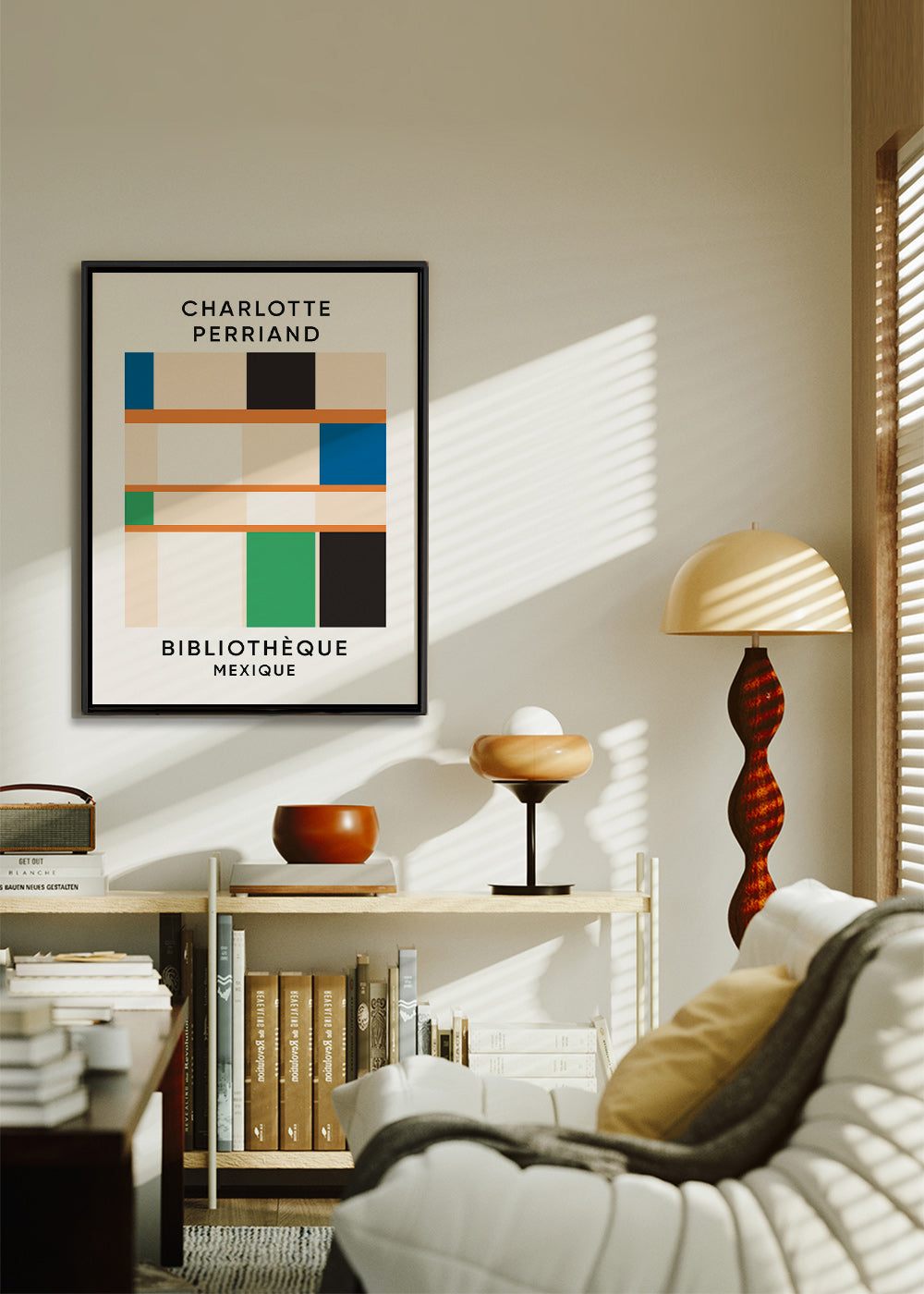 Geometrisk plakat med blokke og typografi 'Bibliothèque'
