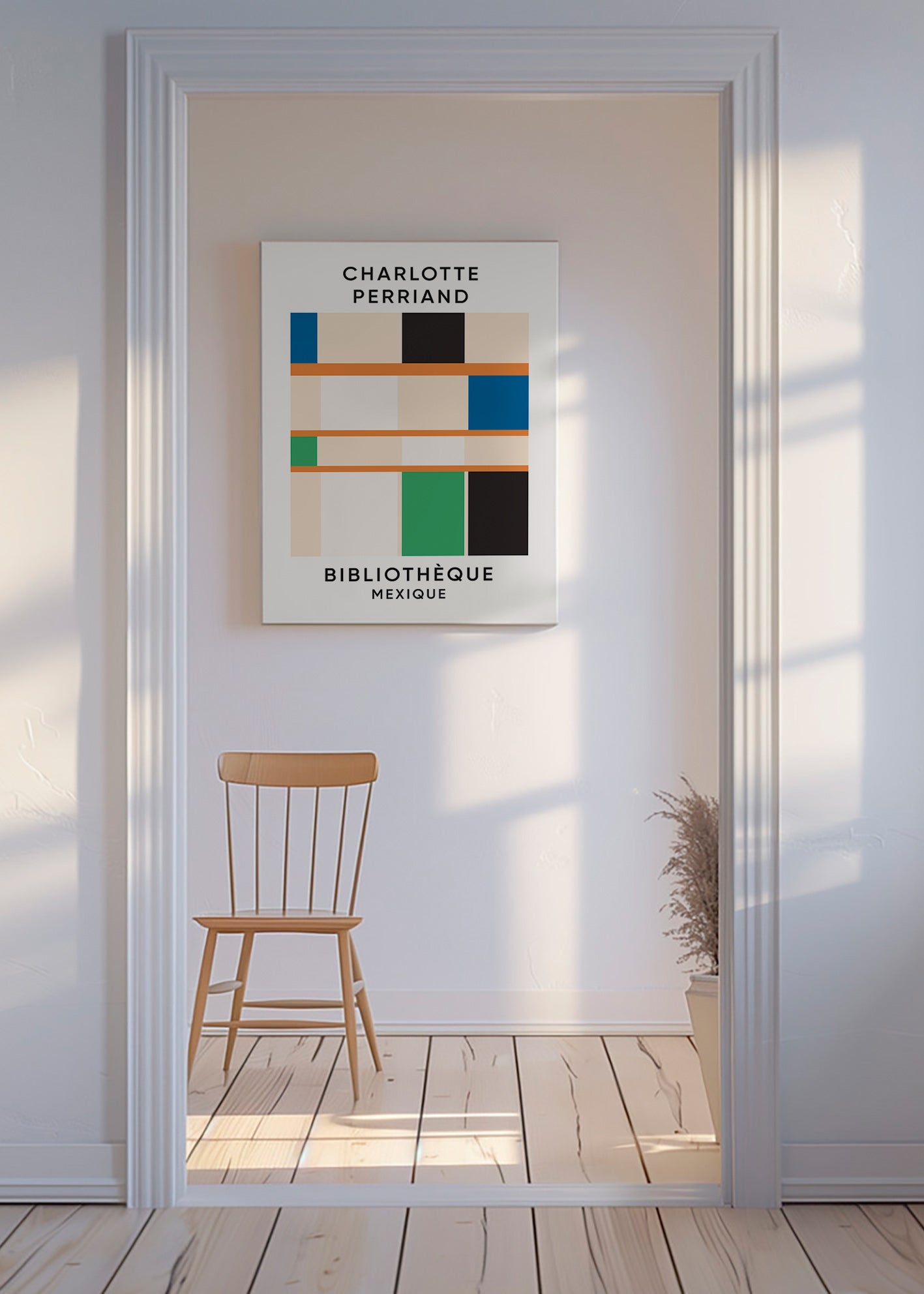 Geometrisk plakat med blokke og typografi 'Bibliothèque'