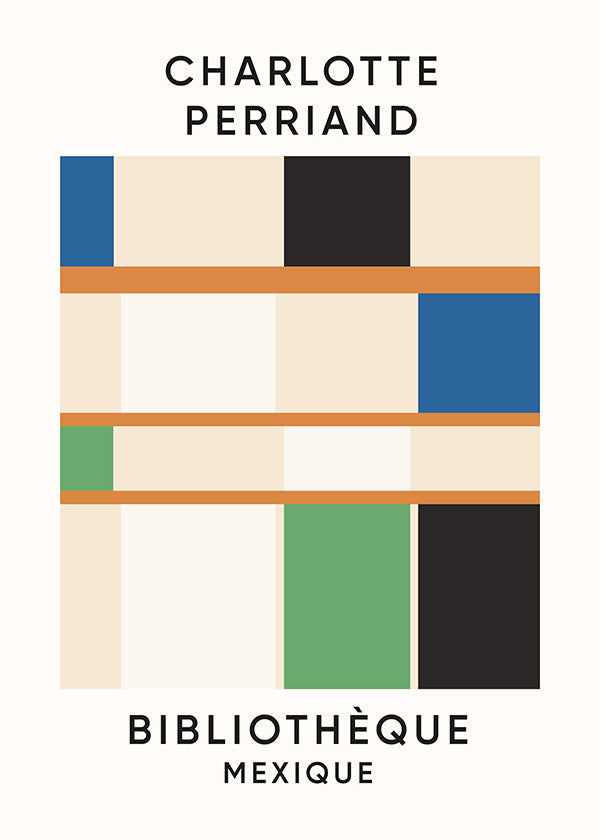 Geometrisk plakat med blokke og typografi 'Bibliothèque'