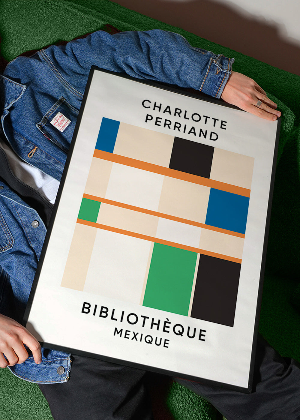 Geometrisk plakat med blokke og typografi 'Bibliothèque'