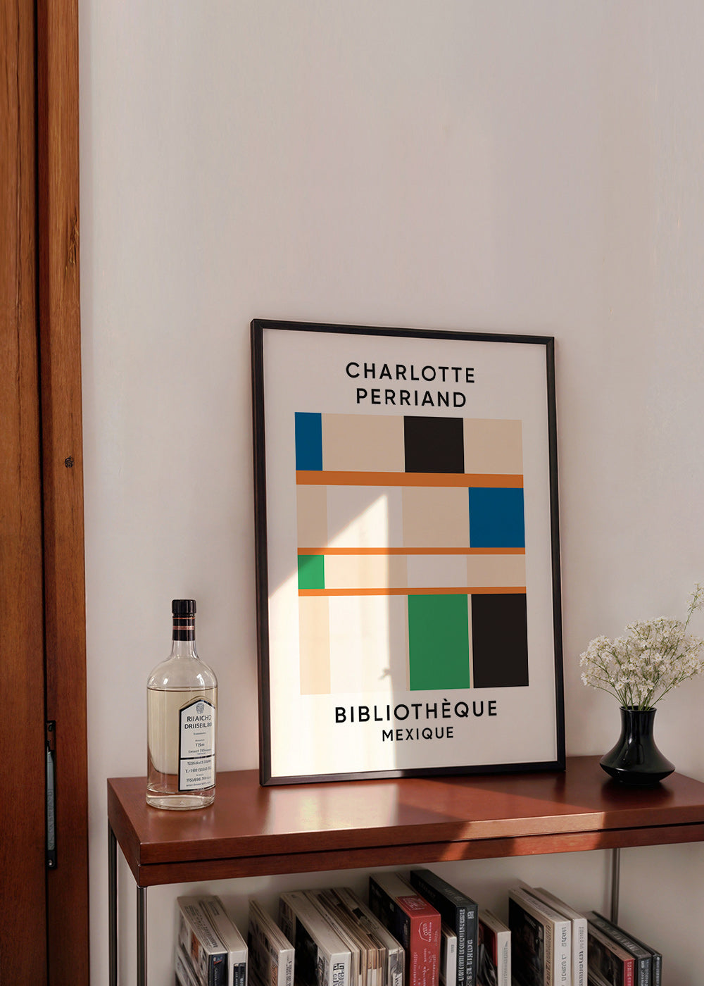 Geometrisk plakat med blokke og typografi 'Bibliothèque'
