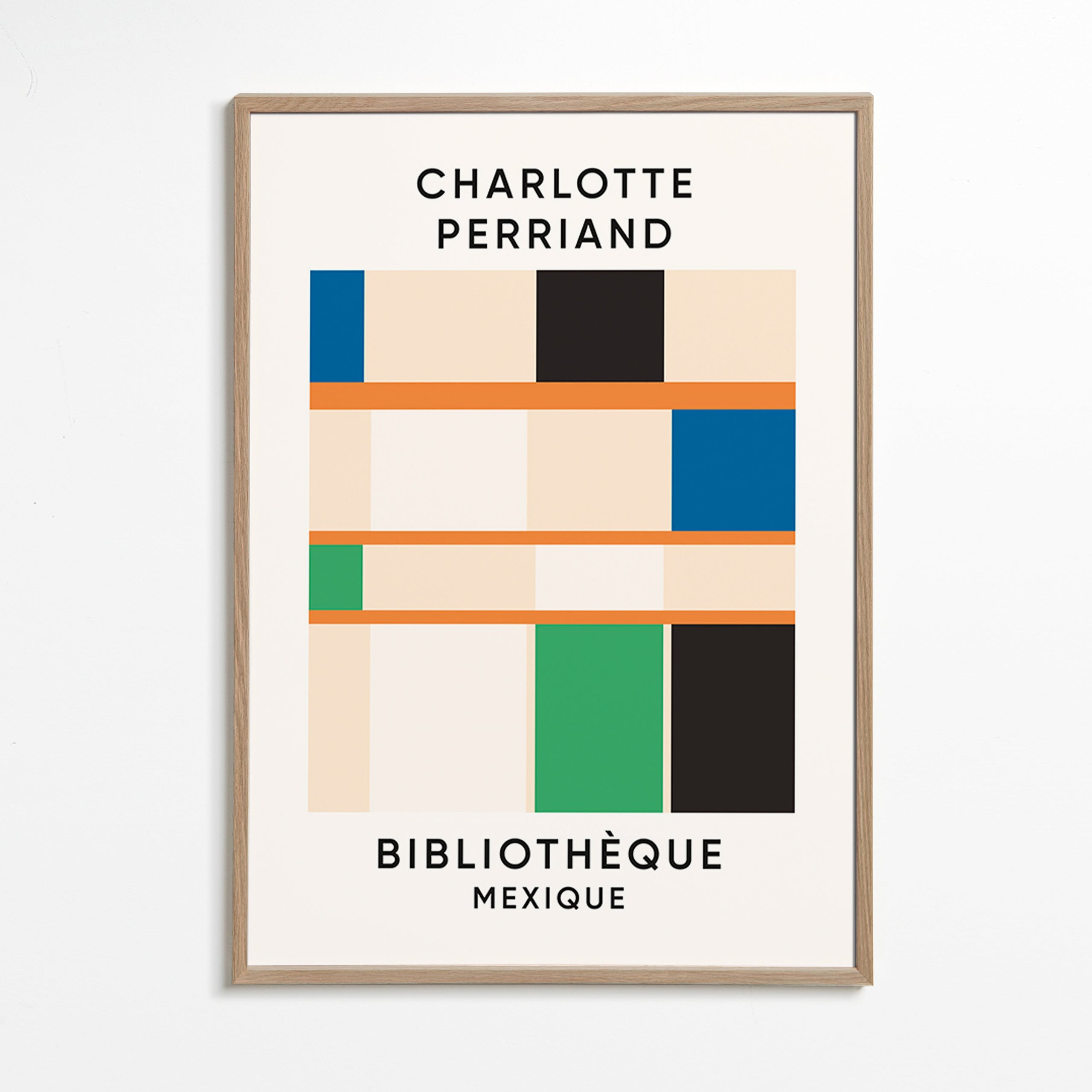 Geometrisk plakat med blokke og typografi 'Bibliothèque'
