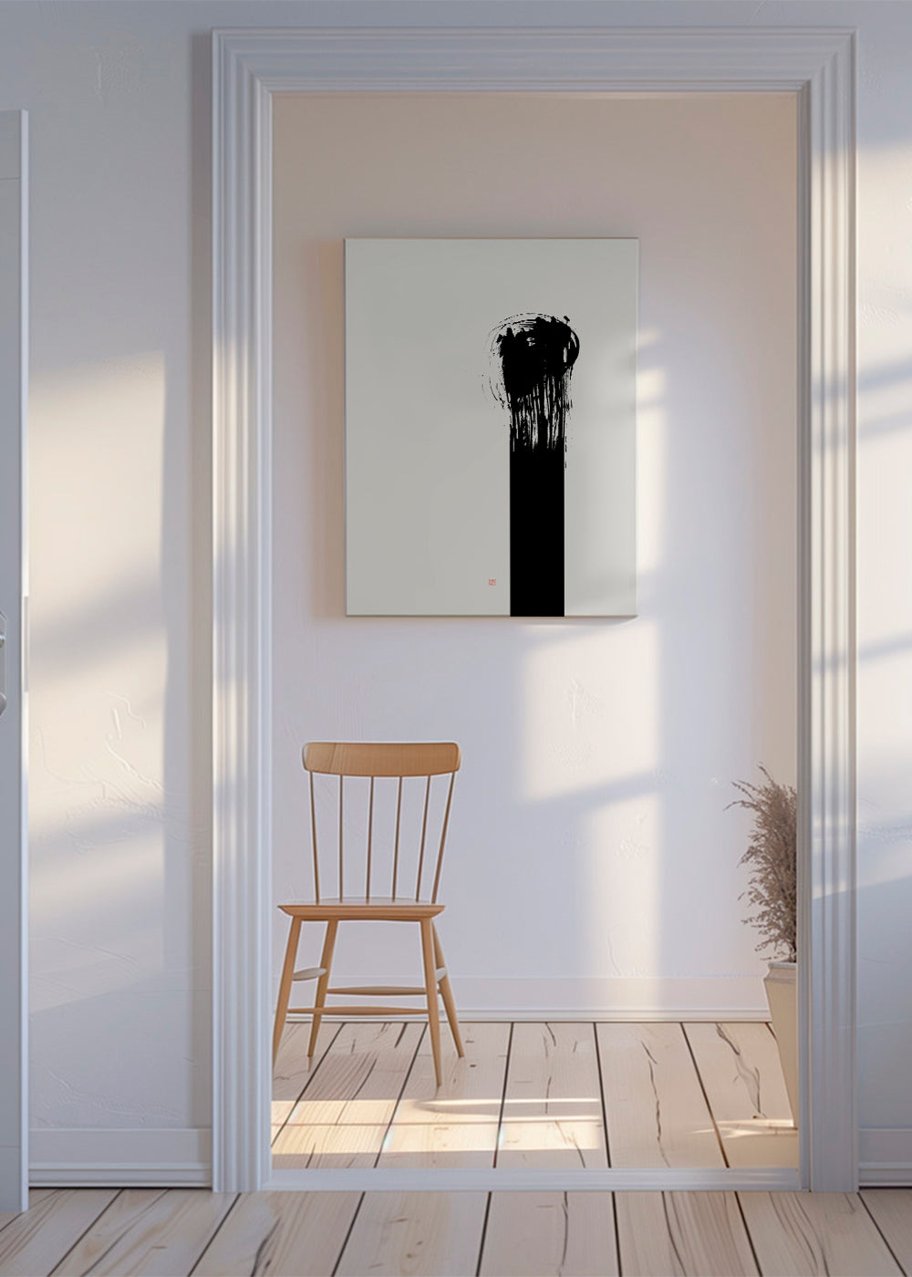Minimalistisk billede med vertikal blækstreg