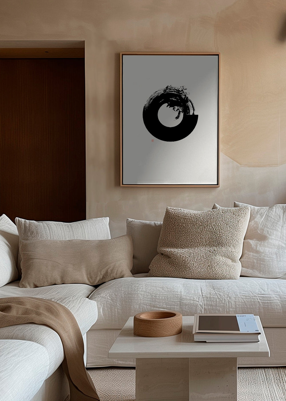Sort-hvid kunst med minimalistisk enso-cirkel