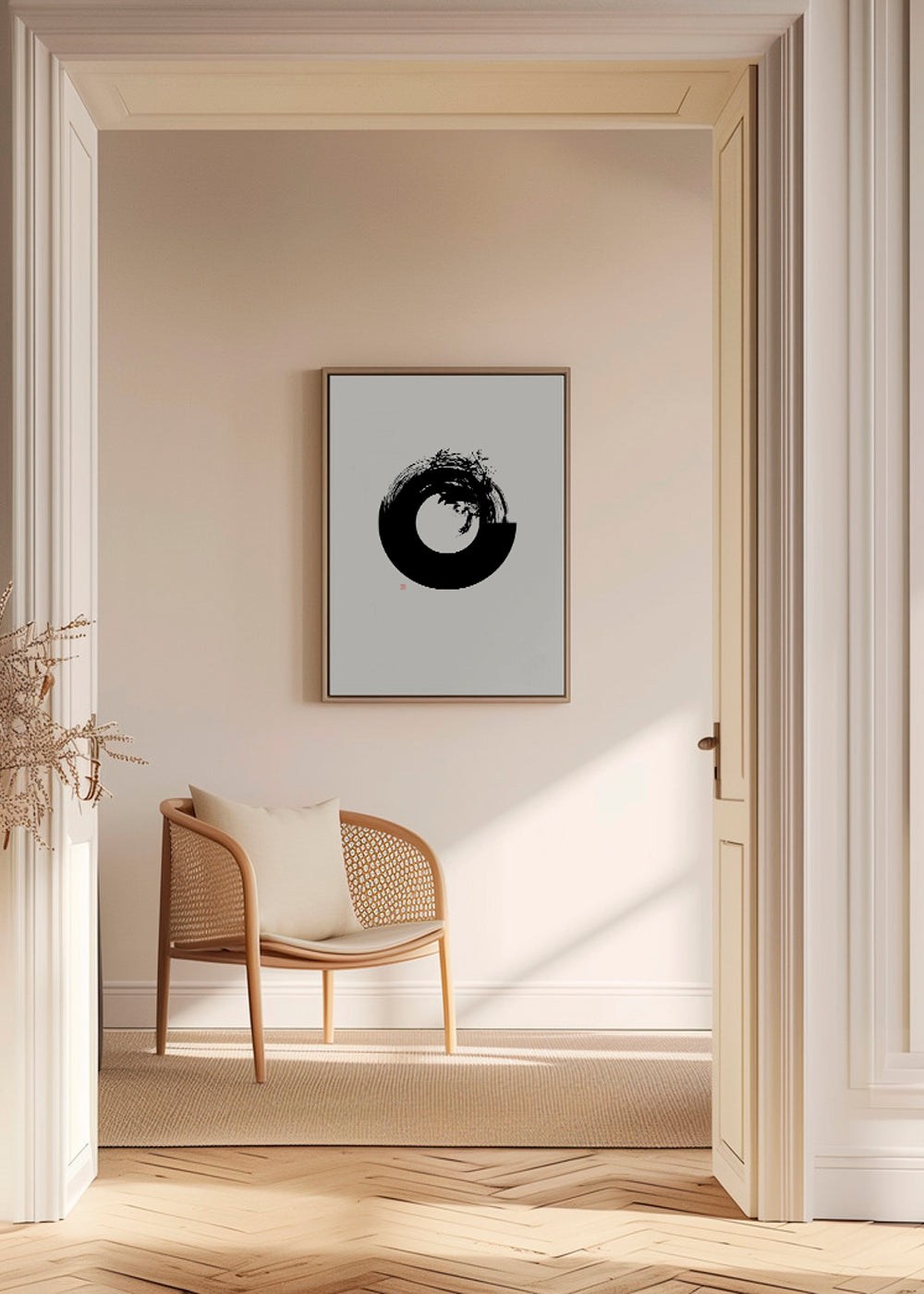 Sort-hvid kunst med minimalistisk enso-cirkel