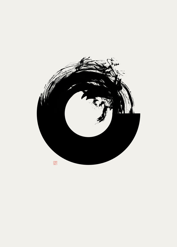 Sort-hvid kunst med minimalistisk enso-cirkel