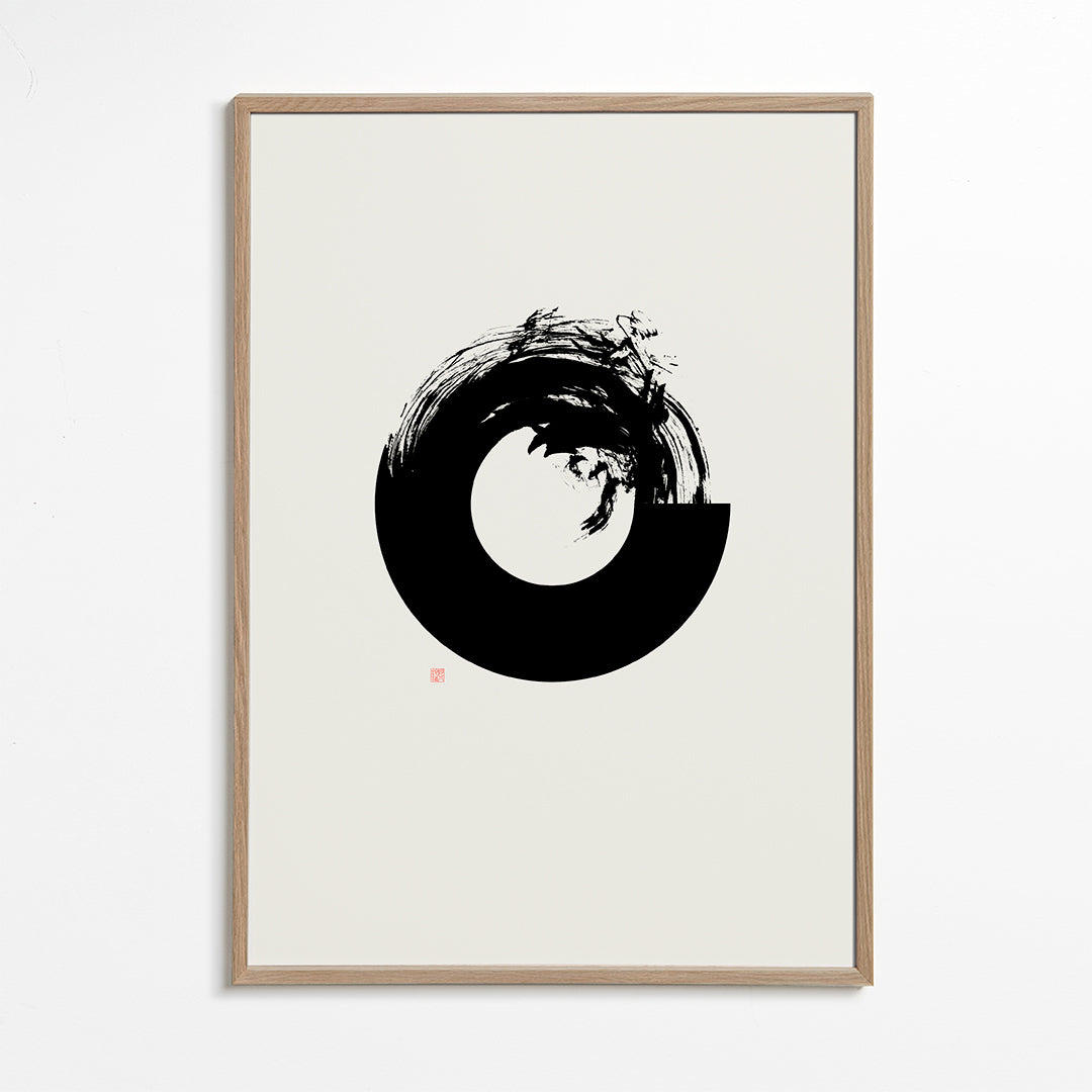 Sort-hvid kunst med minimalistisk enso-cirkel