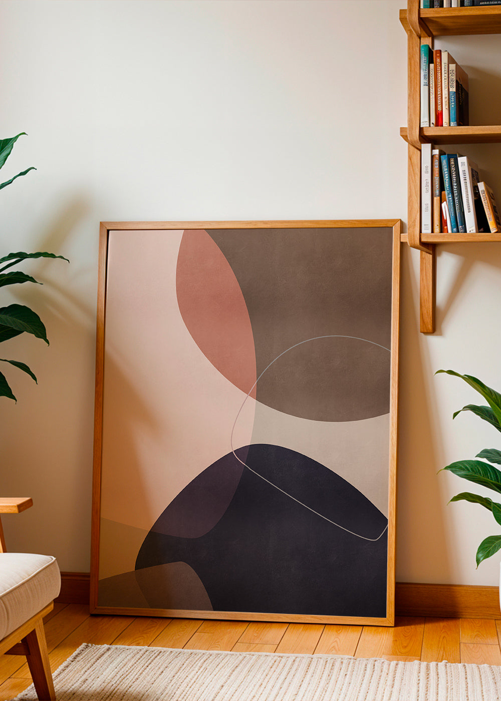 Abstrakt maleri med organiske rosa og blå former