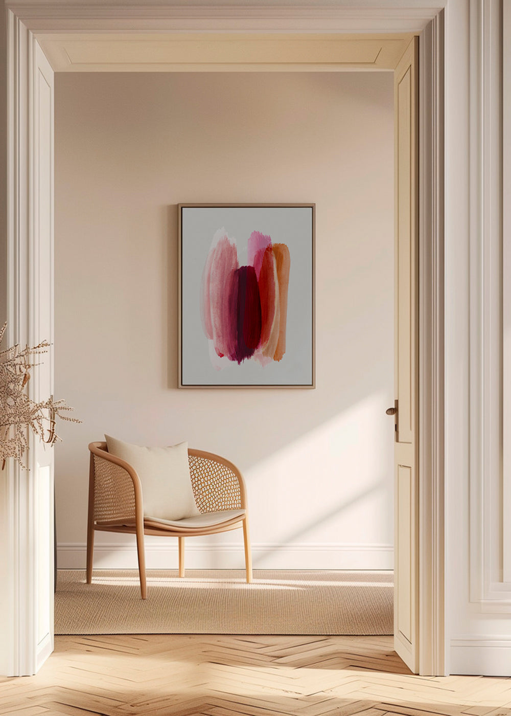 Abstrakt maleri med rosa og orange penselstrøg