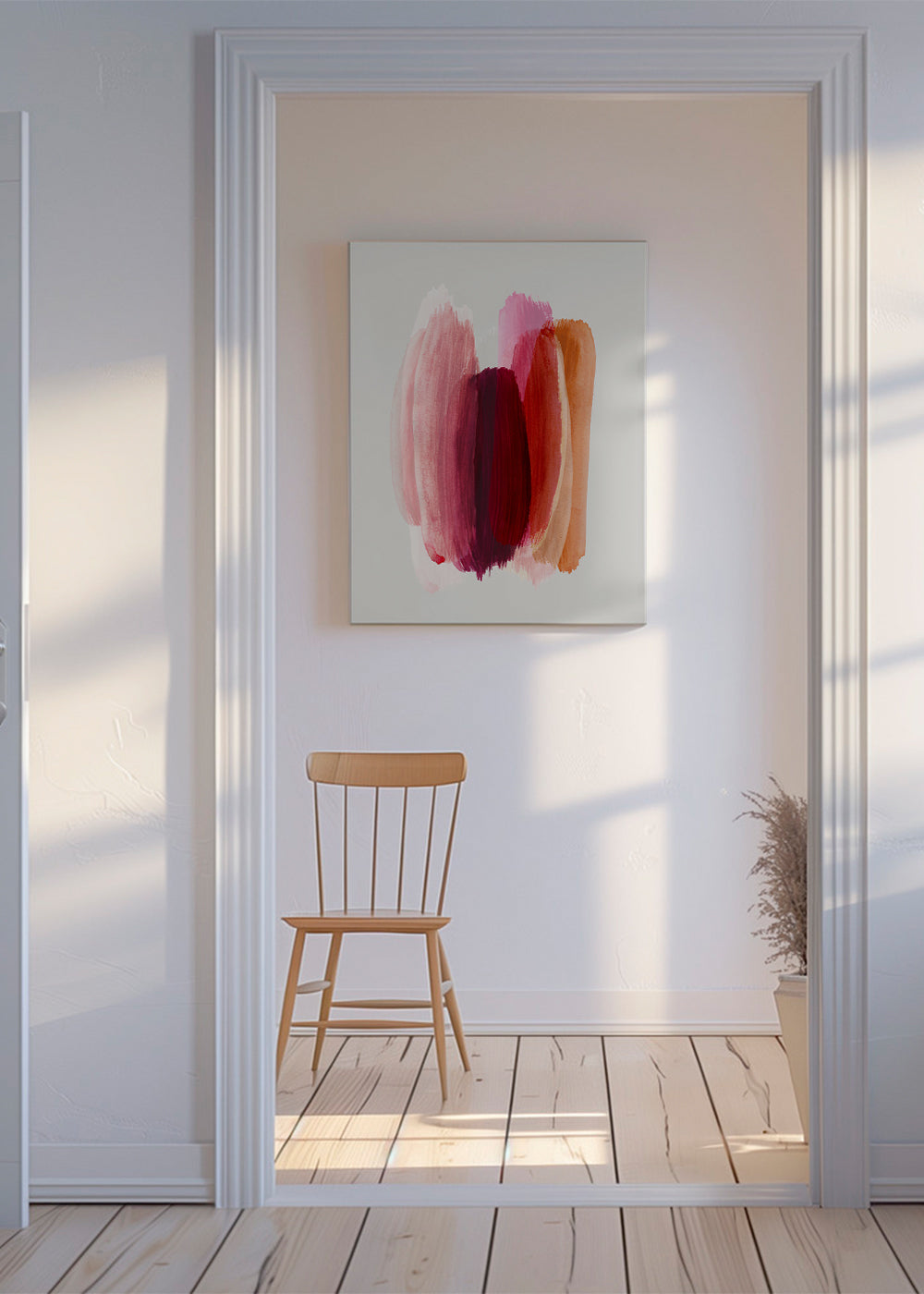Abstrakt maleri med rosa og orange penselstrøg