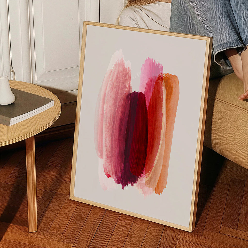 Abstrakt maleri med rosa og orange penselstrøg