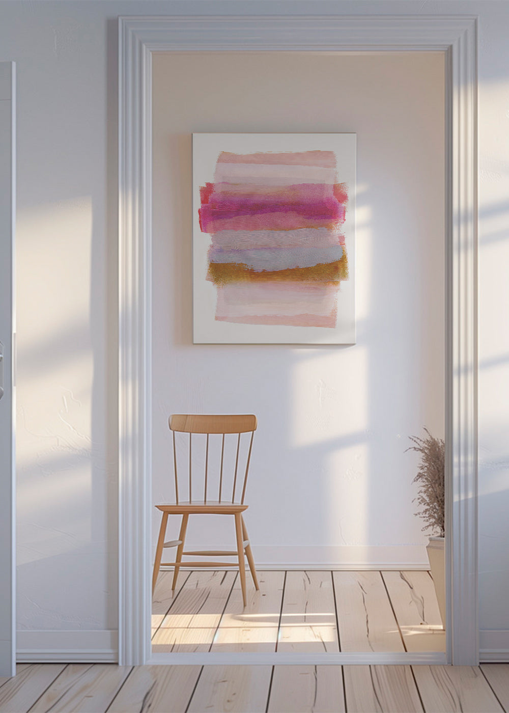Abstrakt billede med rosa og guld penselstrøg