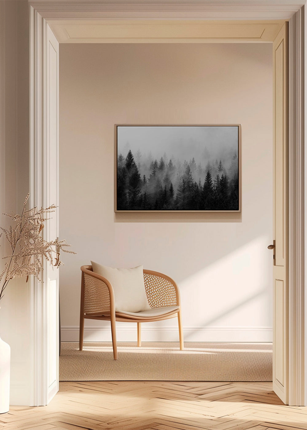 Sort-hvid kunst: tåget skov panoramisk