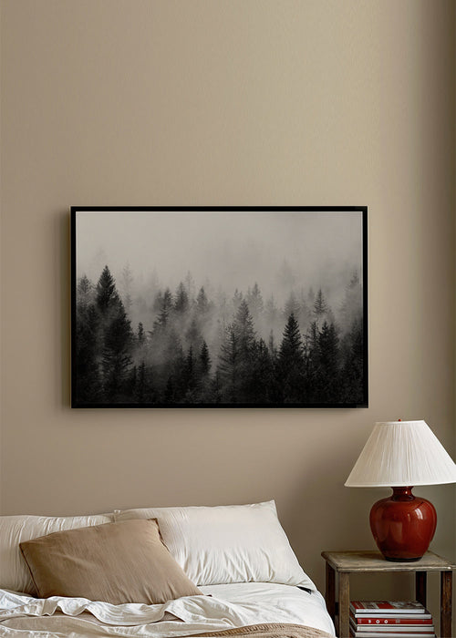 Sort-hvid kunst: tåget skov panoramisk