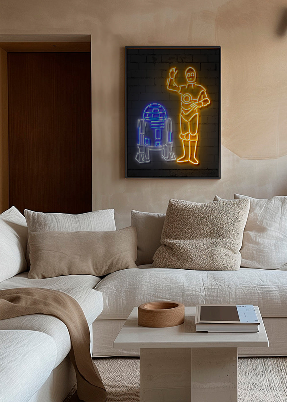 Neon-robotillustration til væg