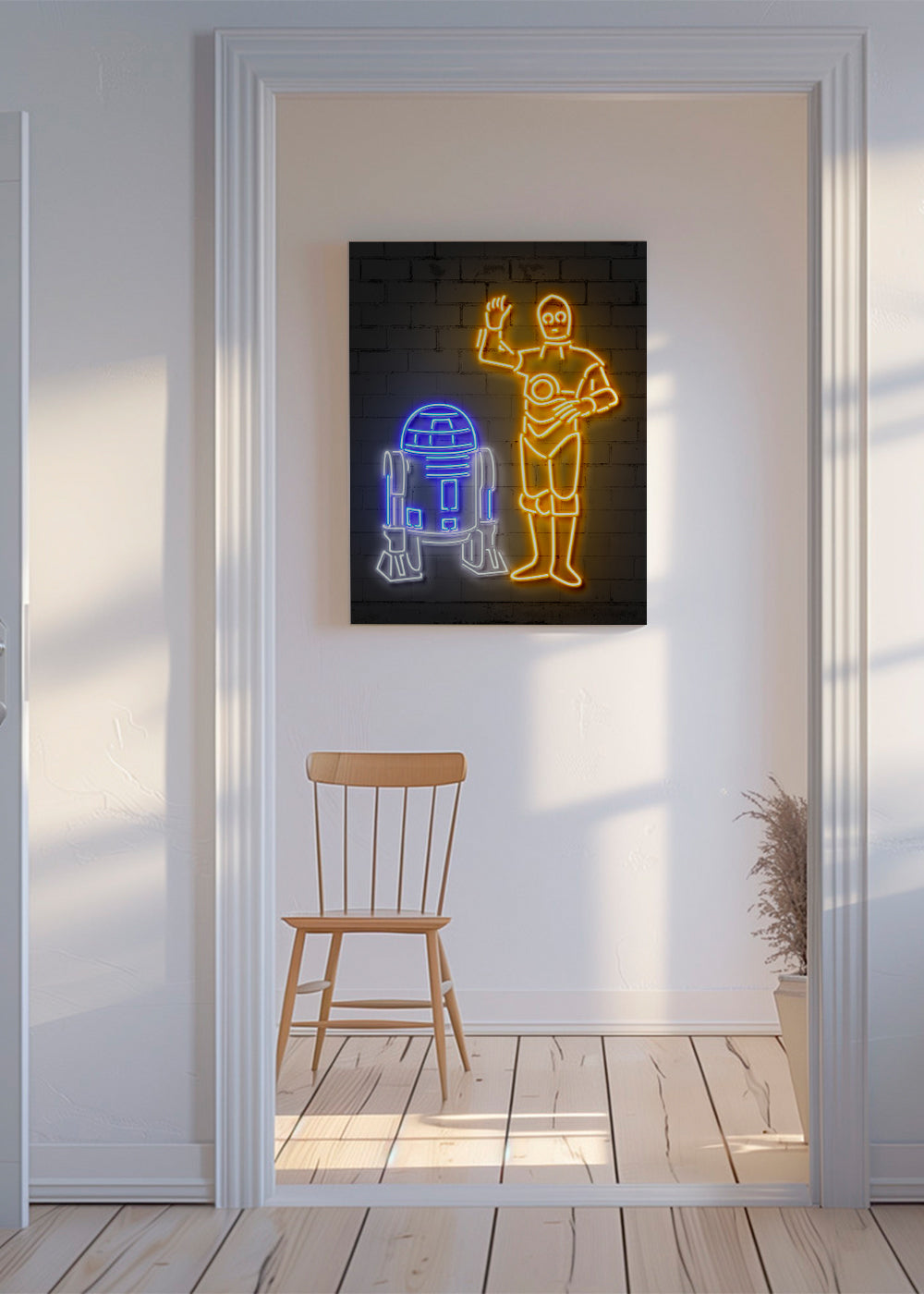 Neon-robotillustration til væg