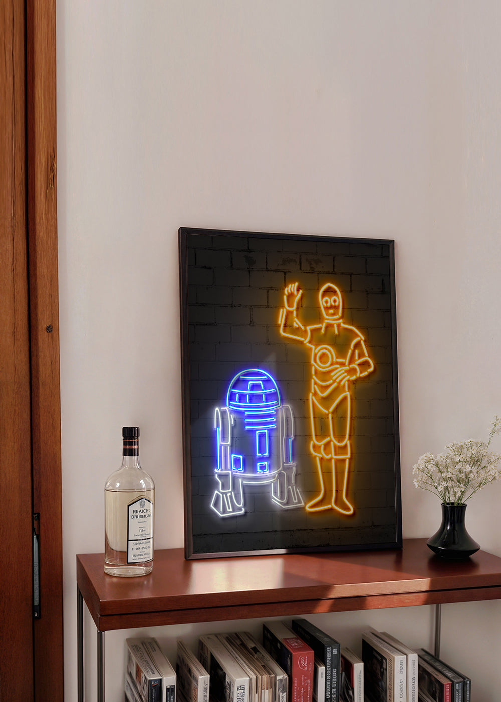 Neon-robotillustration til væg