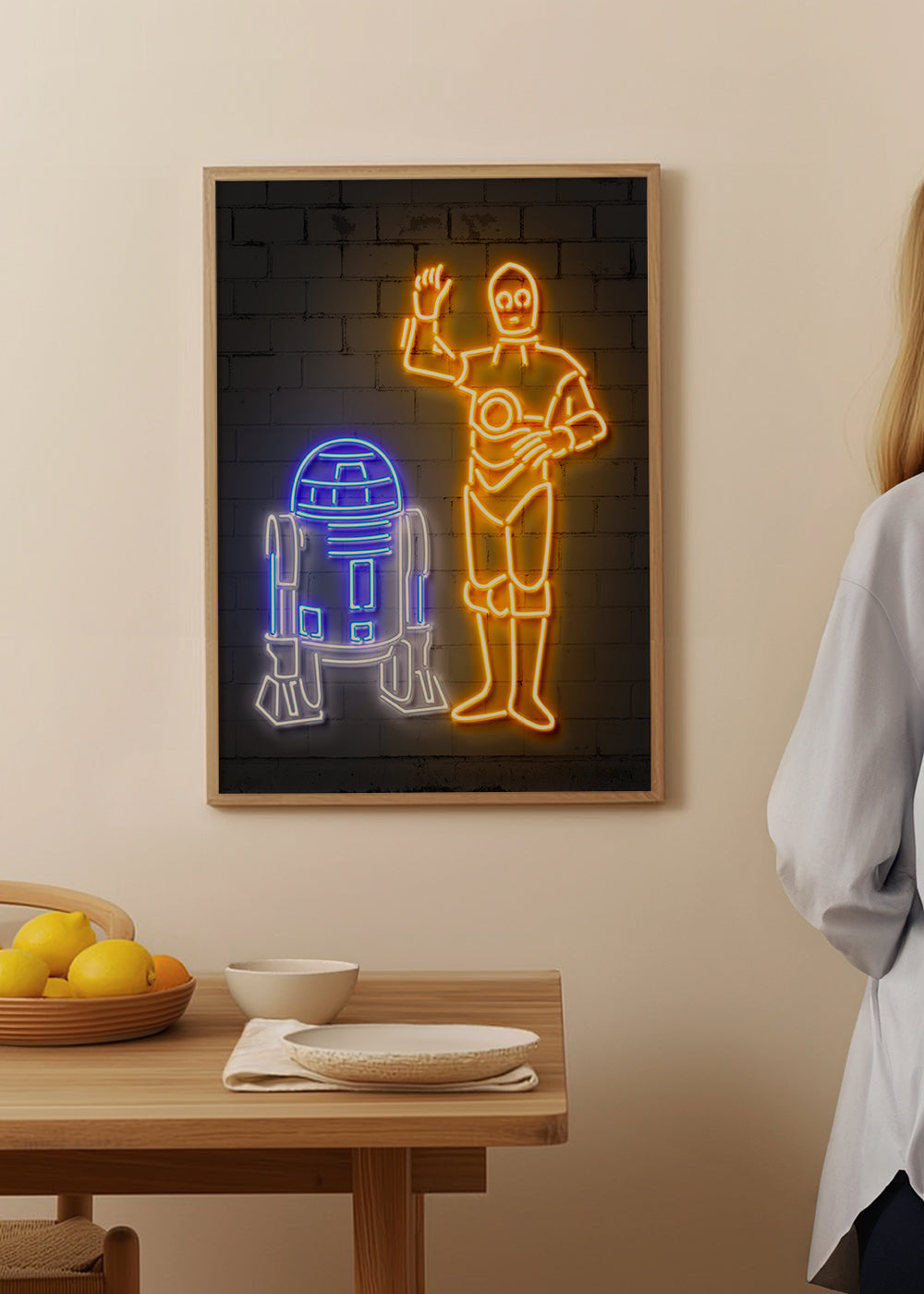 Neon-robotillustration til væg