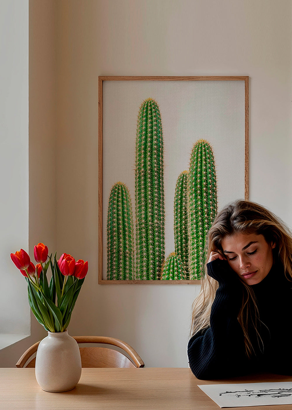 Botanisk plakat: søjlekaktus på hvid baggrund