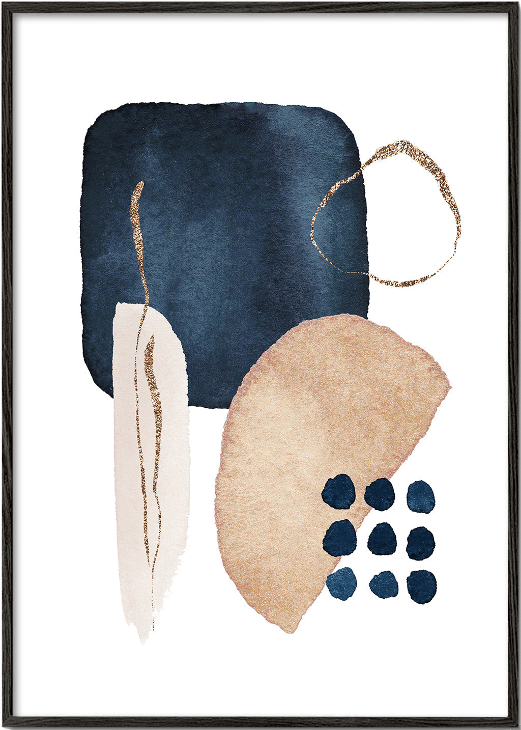 Abstrakt kunst akvarel navy og beige