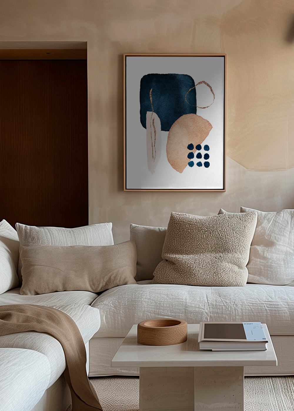 Abstrakt kunst akvarel navy og beige