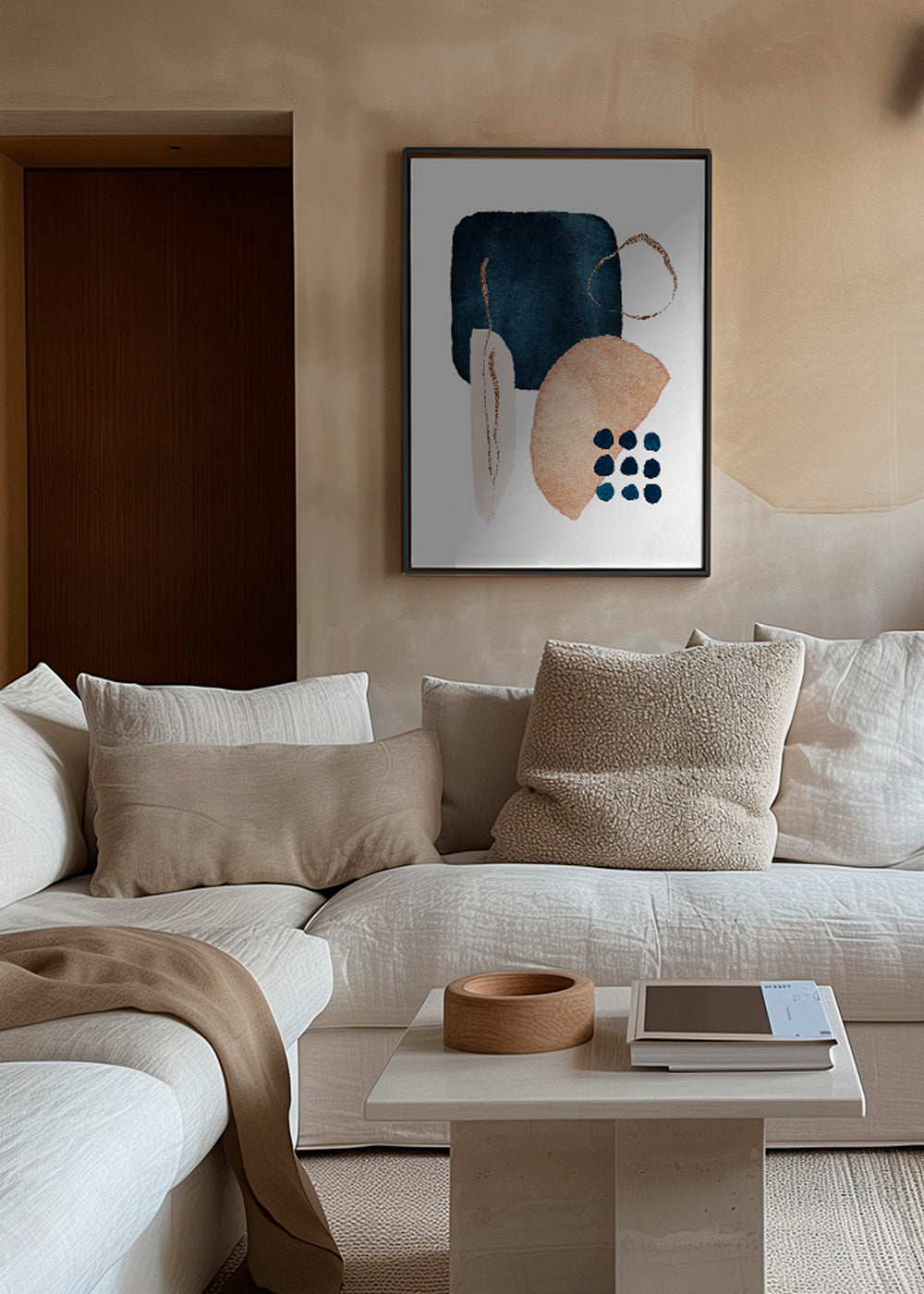 Abstrakt kunst akvarel navy og beige