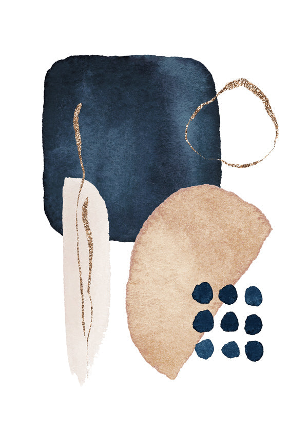 Abstrakt kunst akvarel navy og beige