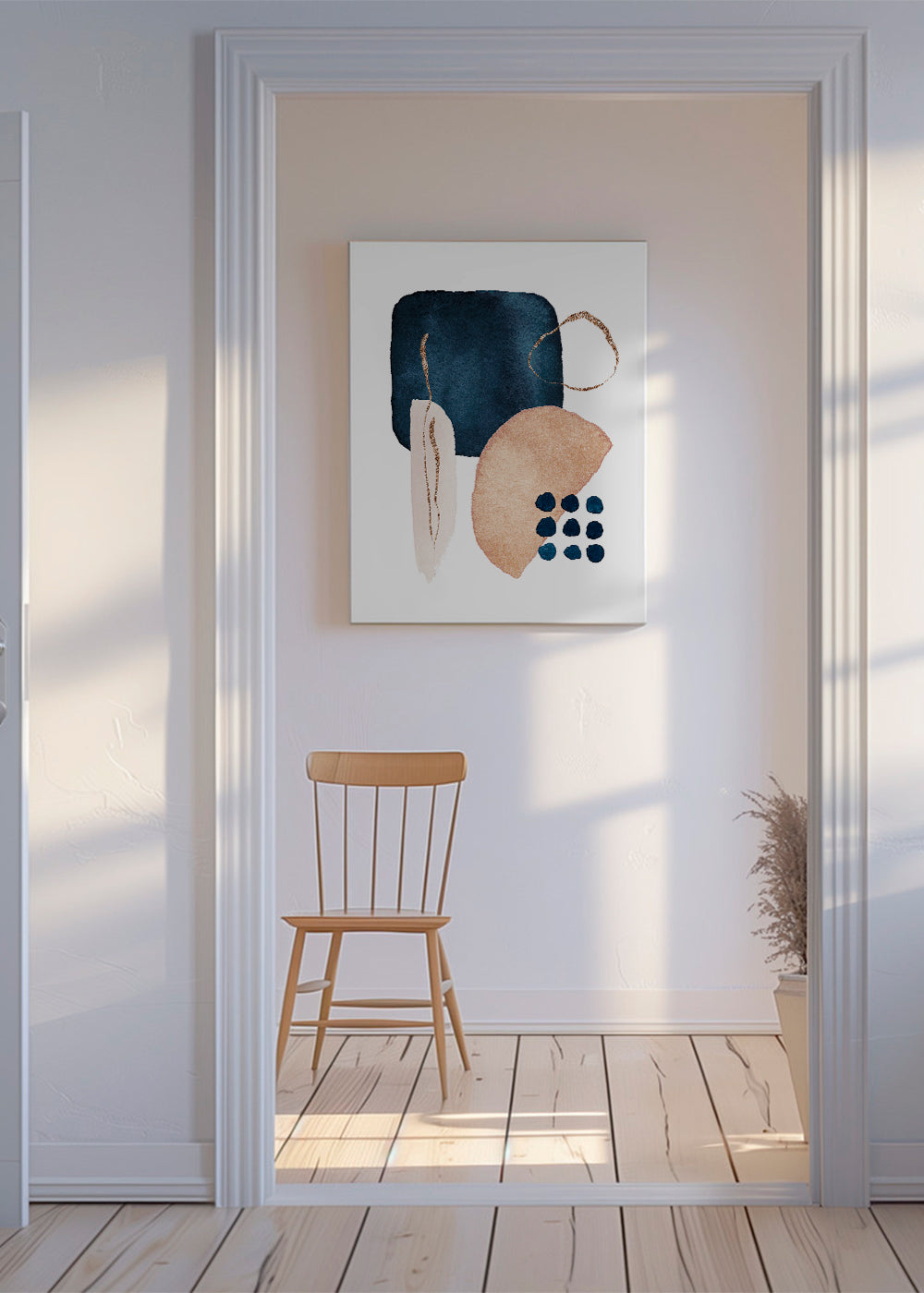 Abstrakt kunst akvarel navy og beige