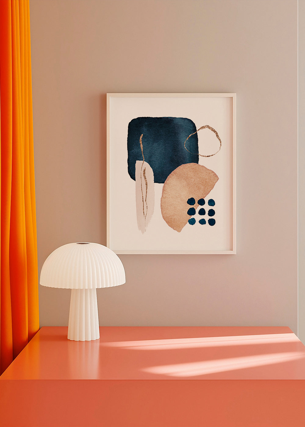 Abstrakt kunst akvarel navy og beige