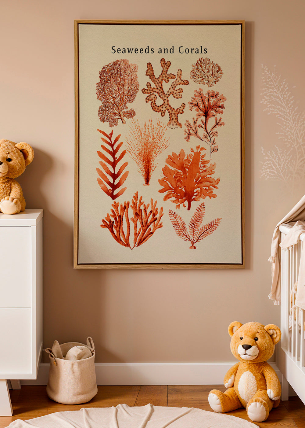 Botanisk plakat: tang og koraller sepia