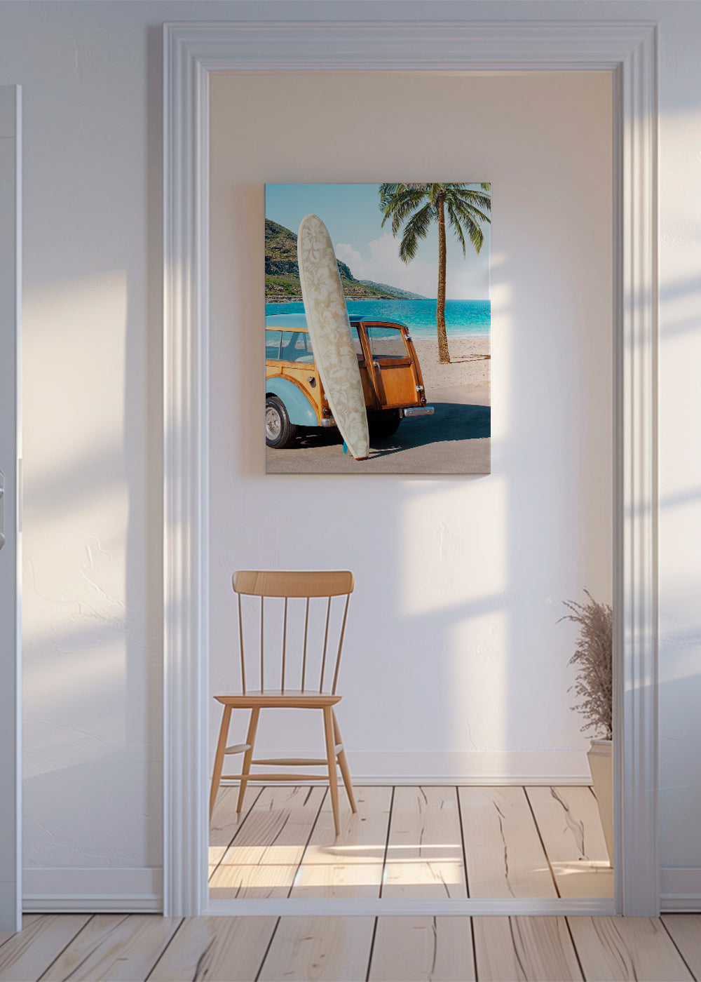 Landskabskunst: strand med surfbræt og vintage bil