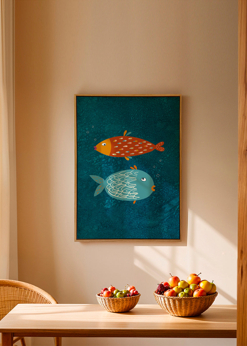 Plakat legesyge fisk på blå tekstur